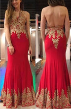 Load image into Gallery viewer, Halter V Neck Prom Dresses with Gold Apppliques