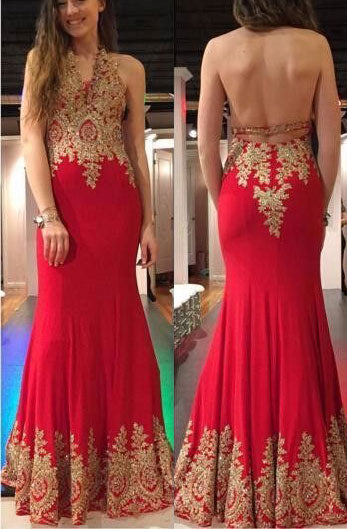 Halter V Neck Prom Dresses with Gold Apppliques