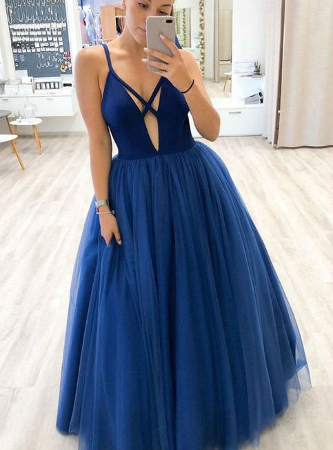 Deep V Neck Royal Blue Prom Dresses