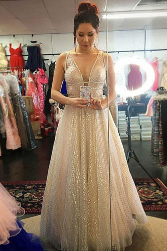 Deep V Neck Long Prom Dresses Evening Gown