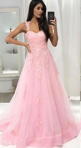 Straps Tulle Long Prom Dresses with Appliques