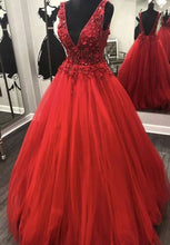 Load image into Gallery viewer, Deep V Neck Red Prom Dresses with Appliques Rhinestones