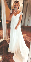 Laden Sie das Bild in den Galerie-Viewer, Cap Sleeves V Neck Wedding Dresses Bridal Gowns with Lace HN005
