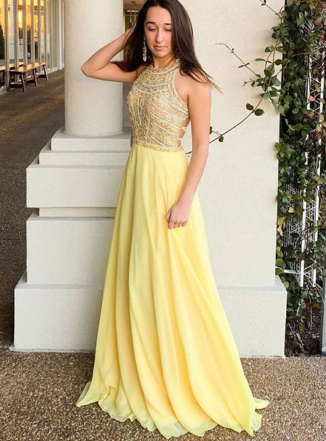 Yellow Long Prom Dresses with Rhinestones