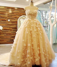 Load image into Gallery viewer, Strapless Yellow Prom Dresses Princess Dress with Appliques Beading