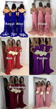 Load image into Gallery viewer, Off the Shoulder Mermaid Long Bridesmaid Dresses with Appliques