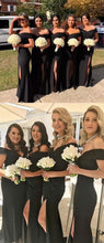 Charger l&#39;image dans la galerie, Off the Shoulder Black Split Side Long Bridesmaid Dresses for Wedding