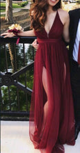 Load image into Gallery viewer, Deep V Neck Burgundy Prom Dresses with Split Side