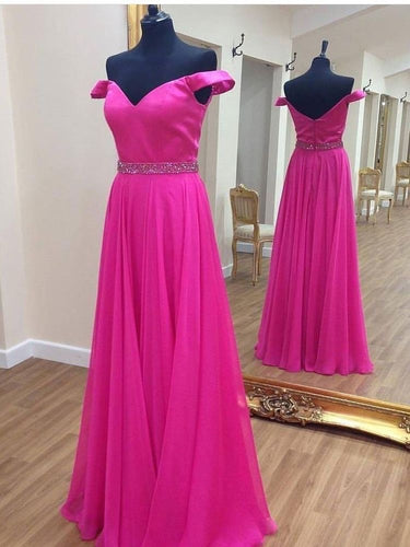 Off the Shoulder Fuchsia Long Prom Dresses Waist with Beaded