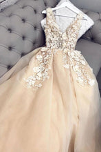 Load image into Gallery viewer, V Neck Tulle Floor Length Prom Dresses with Appliques