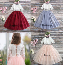 Load image into Gallery viewer, Two Piece Tulle Floor Length Flower Girl Dresses with Half Sleeves