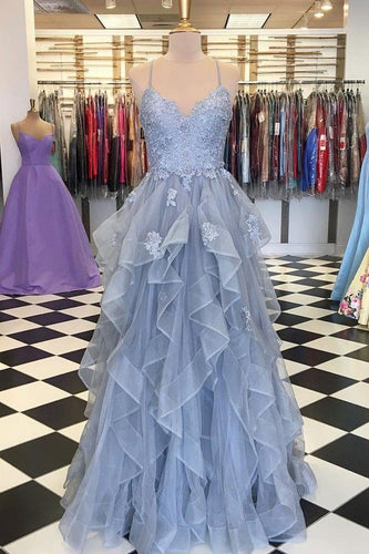 Spaghetti Straps Tulle Prom Dresses with Appliques HJ.3