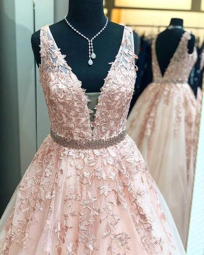 Pink V Neck Tulle Floor Length Prom Dresses with Appliques