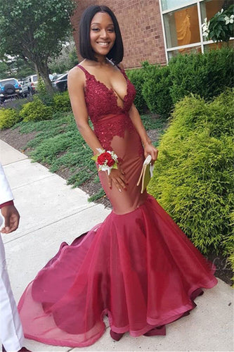 Deep V Neck Mermaid Prom Dresses with Appliques