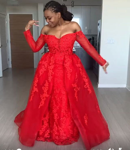 Off the Shoulder Detachable Prom Dresses Full Sleeves with Appliques