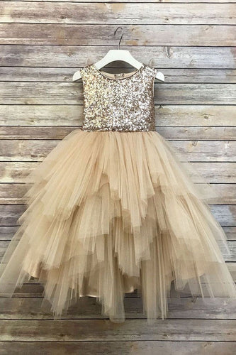 Sleeveless Sequins Ankle Length Flower Girl Dresses with Sash