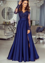 Load image into Gallery viewer, V Neck Slit Side Prom Dresses with Full Sleeves Appliques