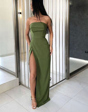 Load image into Gallery viewer, Strapless Olive Green Split Side Long Prom Dresses Under 100