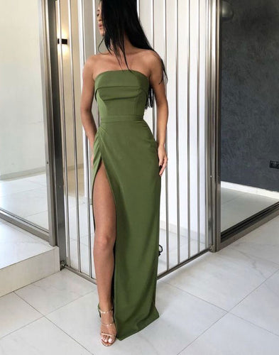 Strapless Olive Green Split Side Long Prom Dresses Under 100