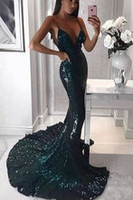 Load image into Gallery viewer, Sparkly Dark Green Mermaid Spaghetti Straps Prom Dresses Evening Gowns