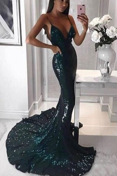 Sparkly Dark Green Mermaid Spaghetti Straps Prom Dresses Evening Gowns