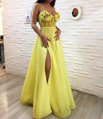 Yellow Long Prom Dresses with Split Side