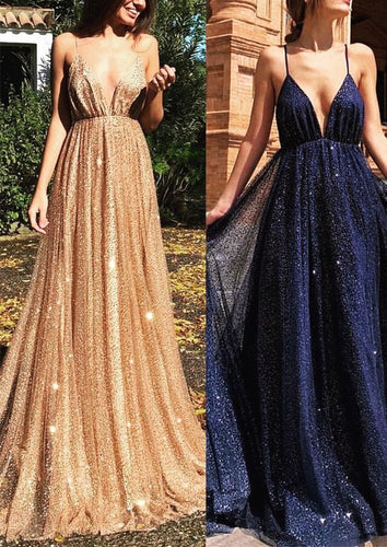 Spaghetti Straps Sequins Long Prom Dresses Empire Gown