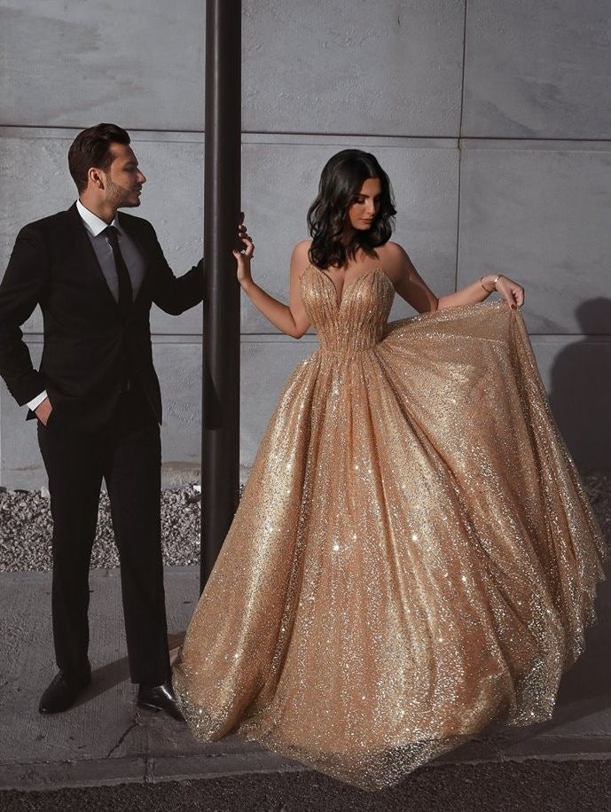 Sparkly Spagehtti Straps Long Prom Dresses for Women