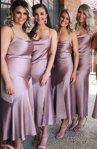 Tea Length Spaghetti Straps Bridesmaid Dresses