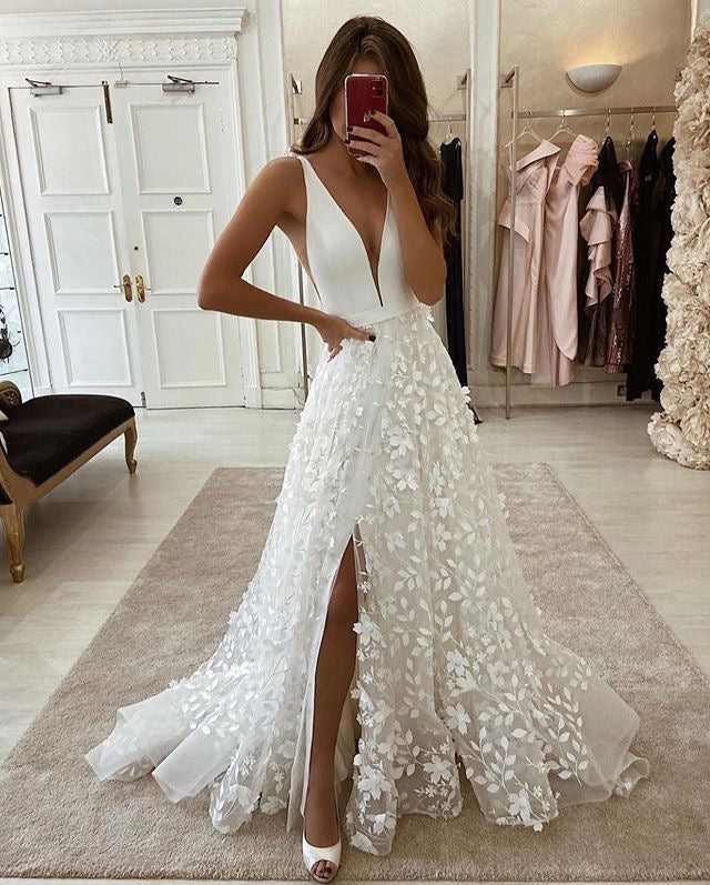 V Neck Wedding Dresses Bridal Gown with Appliques Split Side