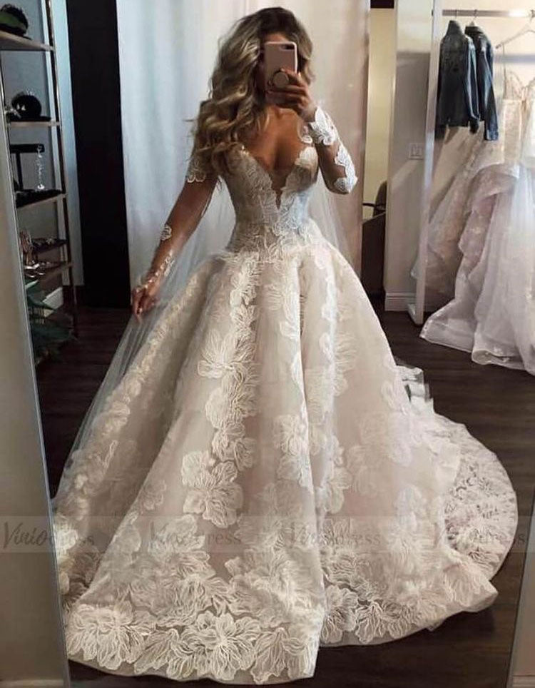 V Neck Wedding Dresses Bridal Gown with Lace