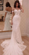 Laden Sie das Bild in den Galerie-Viewer, Sheath Off the Shoulder Wedding Dresses Bridal Gown with Lace Appliques