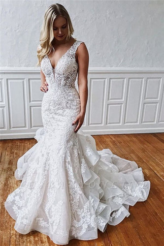 V Neck Mermaid Wedding Dresses Bridal Gown with Appliques