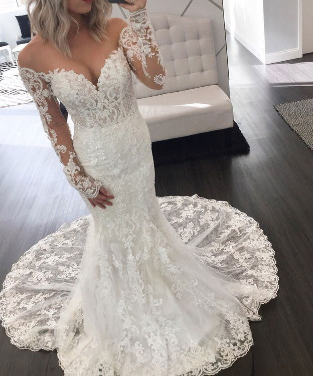 Off V Neck Wedding Dresses Bridal Gown with Appliques