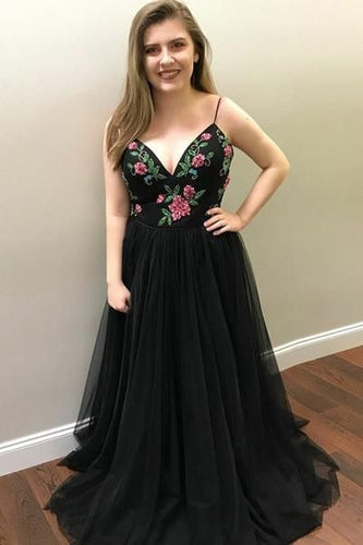 Spaghetti Straps Tulle Long Prom Dresses with Appliques