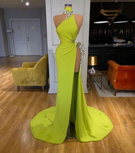 Load image into Gallery viewer, High Neck Lemon Green Slit Side Prom Dresses Long Evening Gown