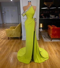 Load image into Gallery viewer, Lemon Green Prom Dresses Evening Gown with Slit Side