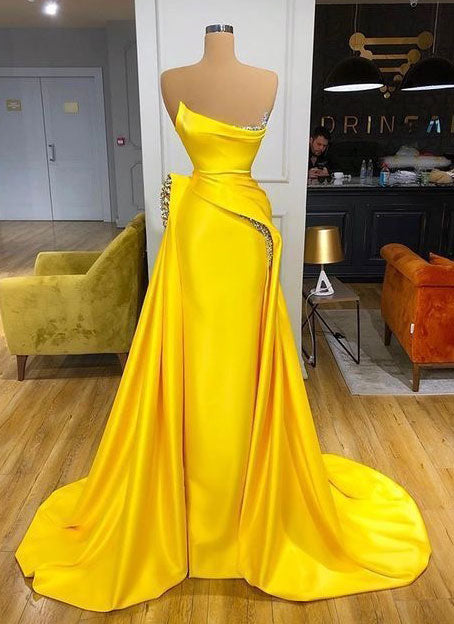 Mermaid Yellow Long Prom Dresses with Beaded