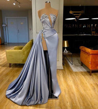 Load image into Gallery viewer, Dusty Blue Slit Prom Dresses with Beaded