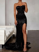 Cargar imagen en el visor de la galería, Black Strapless Prom Dresses Evening Gown with Slit Side