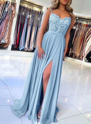 Spaghetti Straps Blue Long Prom Dresses with Lace