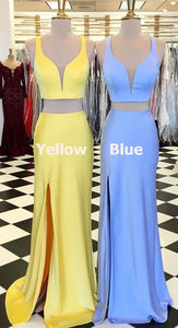 Two Piece Spaghetti Straps Prom Dresses with Split Side