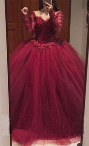 V Neck Burgundy Tulle Ball Gowns Prom Dresses Birthday Dresses Quinceanera Gowns