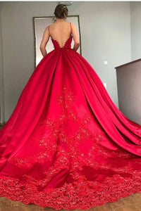 Spaghetti Straps Red Prom Dresses Quinceanera Gowns with Appliques