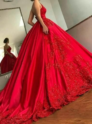 Spaghetti Straps Red Prom Dresses Quinceanera Gowns with Appliques