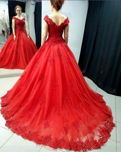 V Neck Court Train Red Long Prom Dresses with Appliques