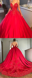 Spaghetti Straps Red Prom Dresses Quinceanera Gowns with Appliques