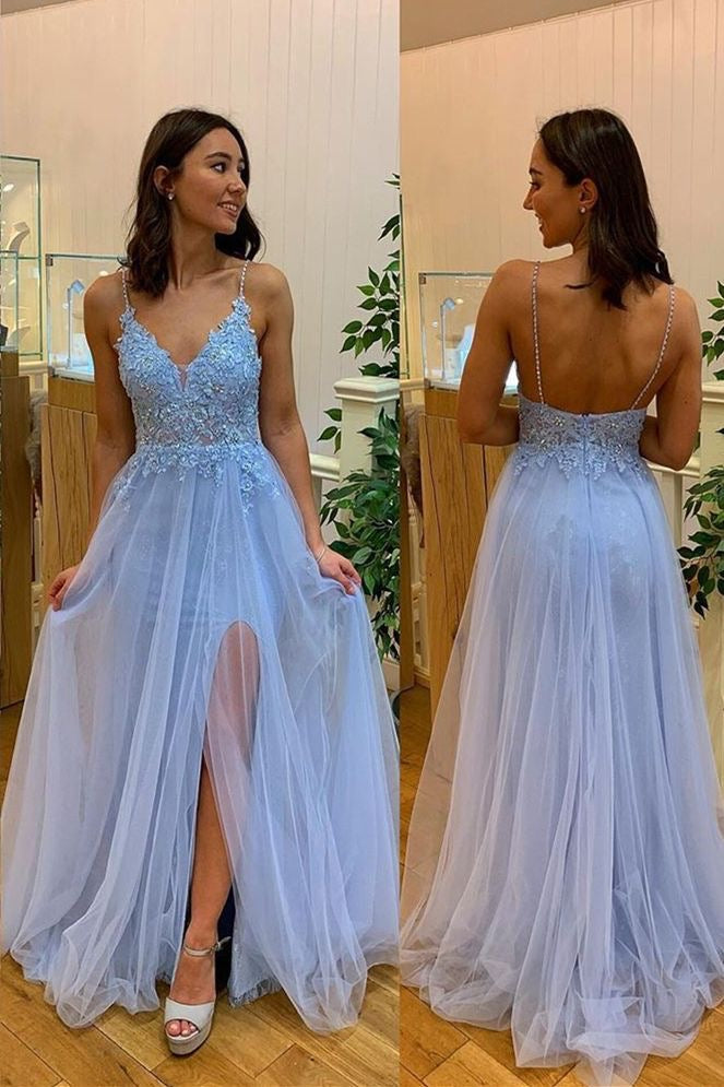 Spaghetti Straps Slit Side Prom Dresses Long with Appliques