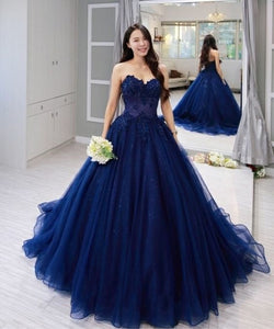 Sweetheart Sparkly Dark Blue Prom Dresses with Appliques