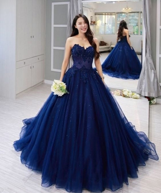 Sweetheart Sparkly Dark Blue Prom Dresses with Appliques Sweetheart Sparkly Dark Blue Prom Dresses with Appliques